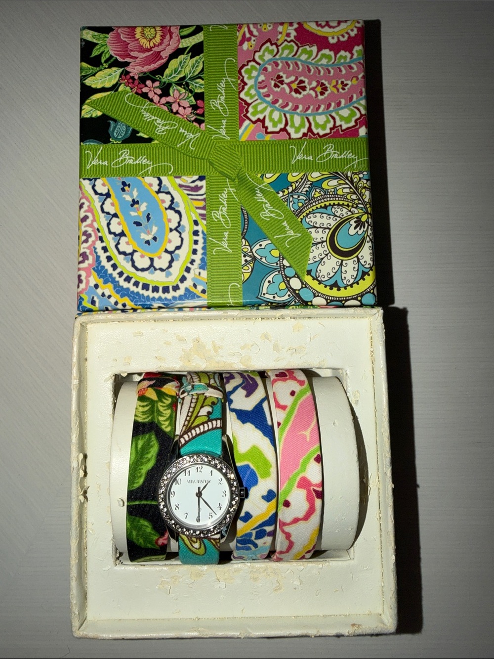 VERA BRADLEY Multicolor Fabric/Leather Bracelet Watch with Jeweled Bezel